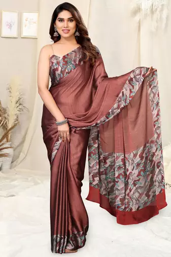 Rust Chiffon Solid/Leaf Printed Saree With Unstitched Blouse Piece