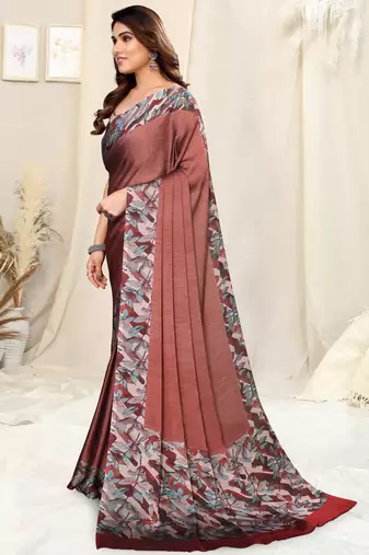 Rust Chiffon Solid/Leaf Printed Saree With Unstitched Blouse Piece