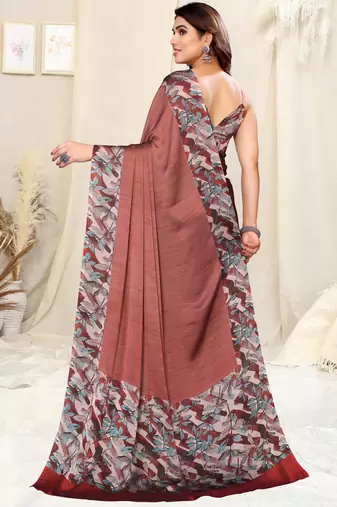 Rust Chiffon Solid/Leaf Printed Saree With Unstitched Blouse Piece