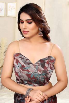 Rust Chiffon Solid/Leaf Printed Saree With Unstitched Blouse Piece 5