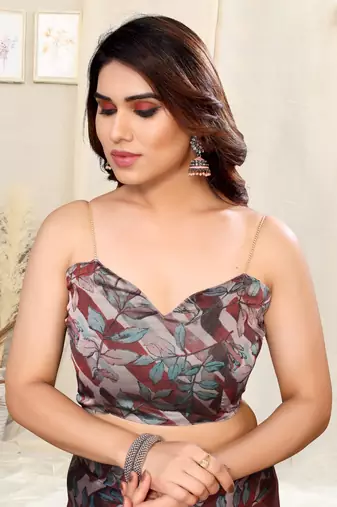 Rust Chiffon Solid/Leaf Printed Saree With Unstitched Blouse Piece