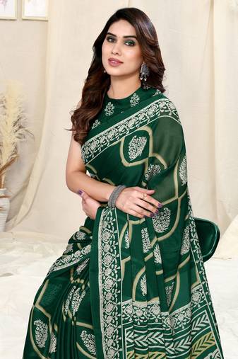 Green Chiffon Block Printed Saree With Unstitched Blouse Piece
