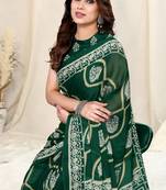 Green Chiffon Block Printed Saree With Unstitched Blouse Piece