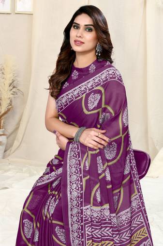 Magenta Chiffon Block Printed Saree With Unstitched Blouse Piece