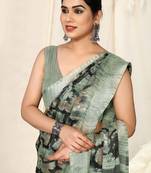 Green Chiffon Abstract Print Silver Zari Border Saree With Unstitched Blouse Piece