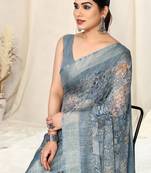 Light Greyish Blue Chiffon Abstract Print Silver Zari Border Saree With Unstitched Blouse Piece