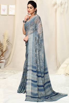 Light Greyish Blue Chiffon Abstract Print Silver Zari Border Saree With Unstitched Blouse Piece 3