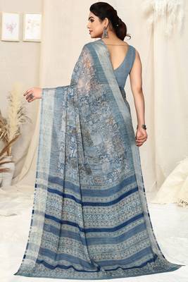 Light Greyish Blue Chiffon Abstract Print Silver Zari Border Saree With Unstitched Blouse Piece 4