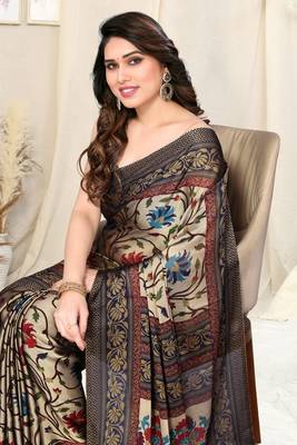 Beige chiffon kalamkari floral printed saree with unstitched blouse piece 1