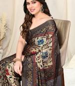 Beige chiffon kalamkari floral printed saree with unstitched blouse piece