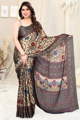 Beige chiffon kalamkari floral printed saree with unstitched blouse piece 2