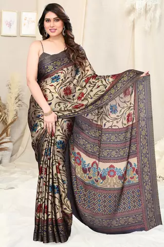Beige chiffon kalamkari floral printed saree with unstitched blouse piece