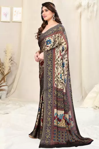 Beige chiffon kalamkari floral printed saree with unstitched blouse piece