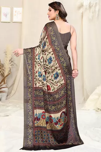 Beige chiffon kalamkari floral printed saree with unstitched blouse piece