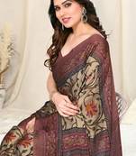 Beige Chiffon Kalamkari/Floral Printed Saree With Unstitched Blouse Piece