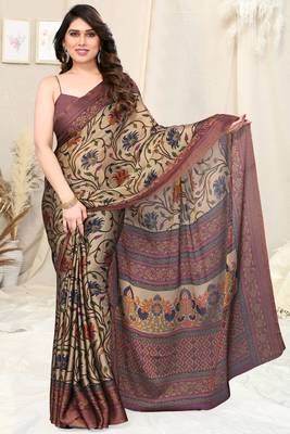 Beige Chiffon Kalamkari/Floral Printed Saree With Unstitched Blouse Piece 2