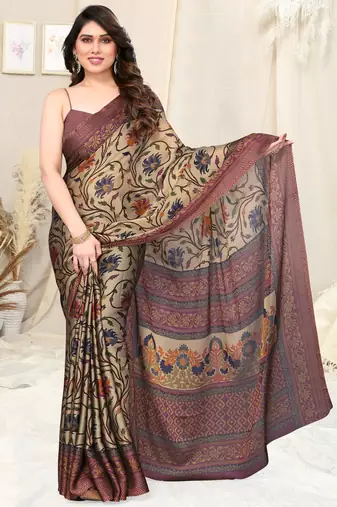 Beige Chiffon Kalamkari/Floral Printed Saree With Unstitched Blouse Piece