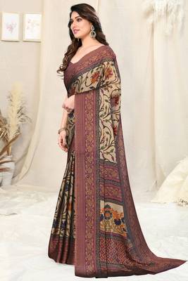 Beige Chiffon Kalamkari/Floral Printed Saree With Unstitched Blouse Piece 3