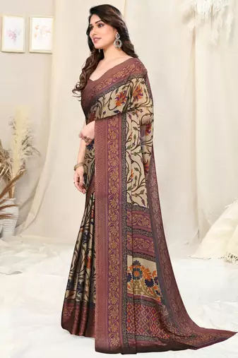 Beige Chiffon Kalamkari/Floral Printed Saree With Unstitched Blouse Piece