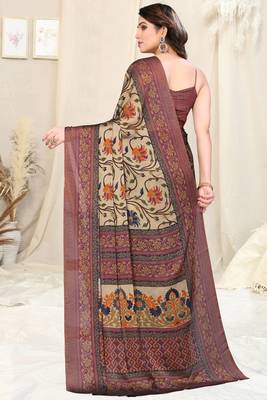 Beige Chiffon Kalamkari/Floral Printed Saree With Unstitched Blouse Piece 4