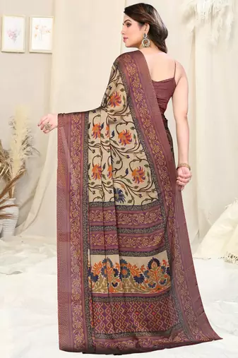 Beige Chiffon Kalamkari/Floral Printed Saree With Unstitched Blouse Piece