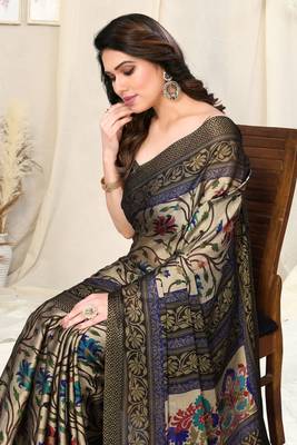 Beige Chiffon Kalamkari/Floral Printed Saree With Unstitched Blouse Piece 3