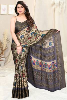 Beige Chiffon Kalamkari/Floral Printed Saree With Unstitched Blouse Piece 1