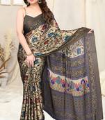 Beige Chiffon Kalamkari/Floral Printed Saree With Unstitched Blouse Piece