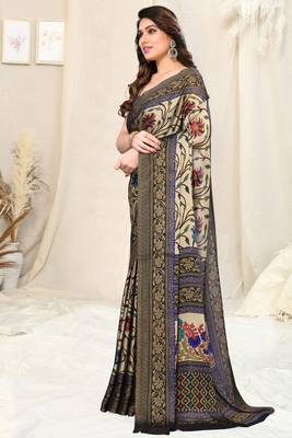 Beige Chiffon Kalamkari/Floral Printed Saree With Unstitched Blouse Piece 4