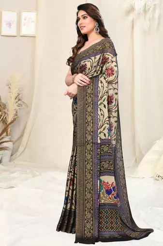 Beige Chiffon Kalamkari/Floral Printed Saree With Unstitched Blouse Piece