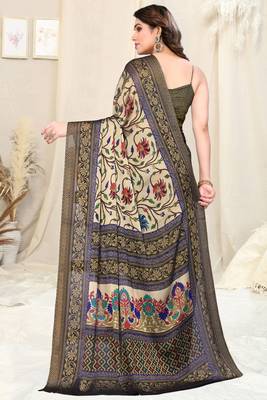 Beige Chiffon Kalamkari/Floral Printed Saree With Unstitched Blouse Piece 5