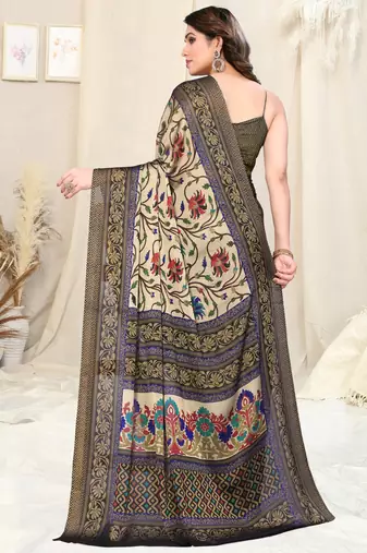 Beige Chiffon Kalamkari/Floral Printed Saree With Unstitched Blouse Piece
