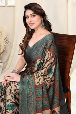 Beige chiffon kalamkari/floral printed saree with unstitched blouse piece 1
