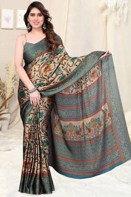 Beige chiffon kalamkari/floral printed saree with unstitched blouse piece 2