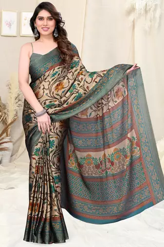 Beige chiffon kalamkari/floral printed saree with unstitched blouse piece