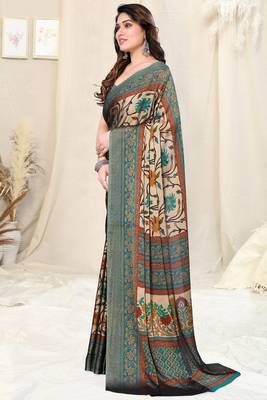 Beige chiffon kalamkari/floral printed saree with unstitched blouse piece 3