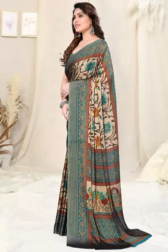 Beige chiffon kalamkari/floral printed saree with unstitched blouse piece