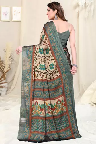Beige chiffon kalamkari/floral printed saree with unstitched blouse piece