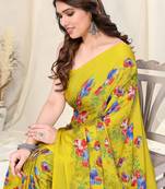 Light mustard chiffon floral print plain saree with unstitched blouse piece