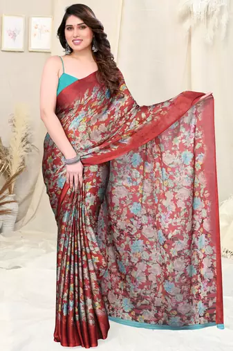Crimson Red Chiffon Floral Print Plain Saree With Unstitched Blouse Piece