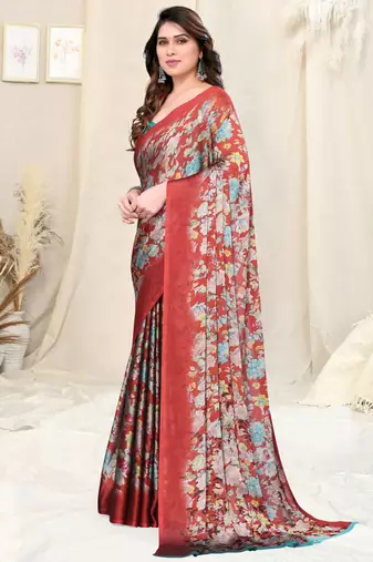 Crimson Red Chiffon Floral Print Plain Saree With Unstitched Blouse Piece