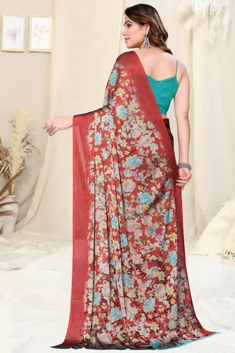 Crimson Red Chiffon Floral Print Plain Saree With Unstitched Blouse Piece