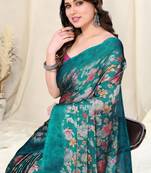 Teal Chiffon Floral Print Plain Saree With Unstitched Blouse Piece