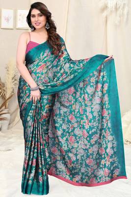 Teal Chiffon Floral Print Plain Saree With Unstitched Blouse Piece 2