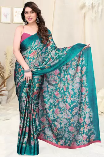 Teal Chiffon Floral Print Plain Saree With Unstitched Blouse Piece