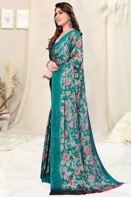 Teal Chiffon Floral Print Plain Saree With Unstitched Blouse Piece 3