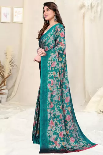 Teal Chiffon Floral Print Plain Saree With Unstitched Blouse Piece