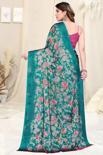 Teal Chiffon Floral Print Plain Saree With Unstitched Blouse Piece