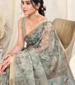 Light Dusty Green Kota Doria Floral Print Golden Zari Border Saree With Unstitched Blouse Piece