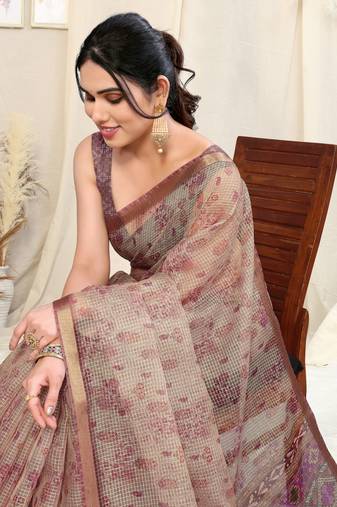 Beige kota doria floral/paisley print golden zari border saree with unstitched blouse piece